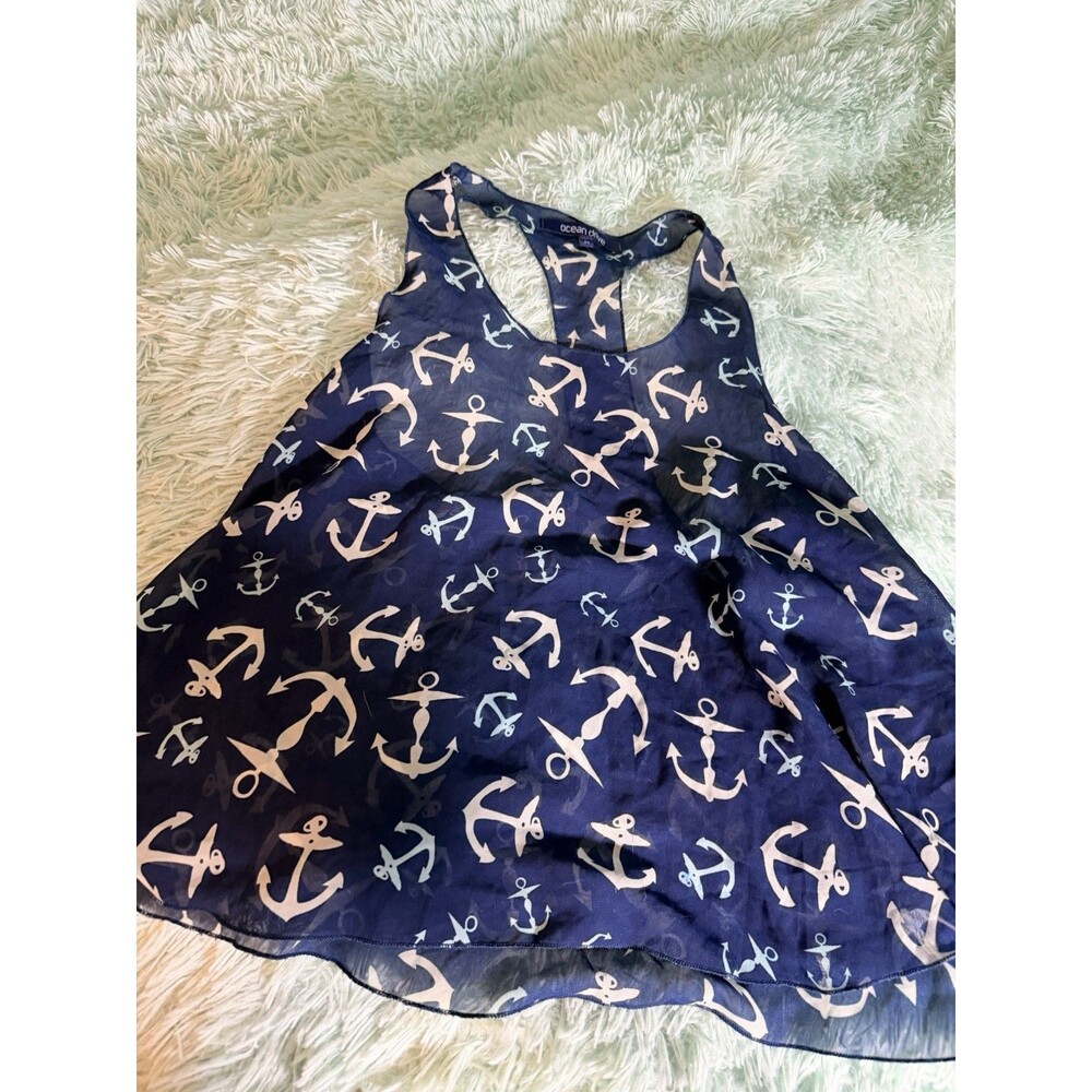 Sheer Anchor Cropped Top Nautical Shirt Blouse Size Medium